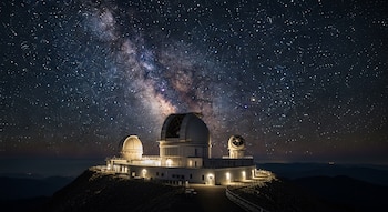Vista nocturna de un observatorio astronómico moderno con tres cúpulas iluminadas en la cima de una montaña, bajo un cielo estrellado donde se distingue la Vía Láctea.