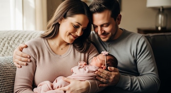 Primer plano de una madre y un padre sonriendo mientras sostienen a su bebé recién nacida, vestida de rosa y con diadema, sentados en un sofá.