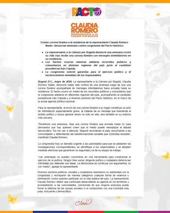 En la declaración difundida por el Pacto Histórico, Romero Nader situó el episodio en el marco de las giras que adelanta por varias regiones de Colombia - crédito Pacto Histórico