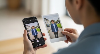 Vista de cerca de una persona sosteniendo un iPhone con una foto de un joven, mientras compara la imagen digital con su versión impresa.
