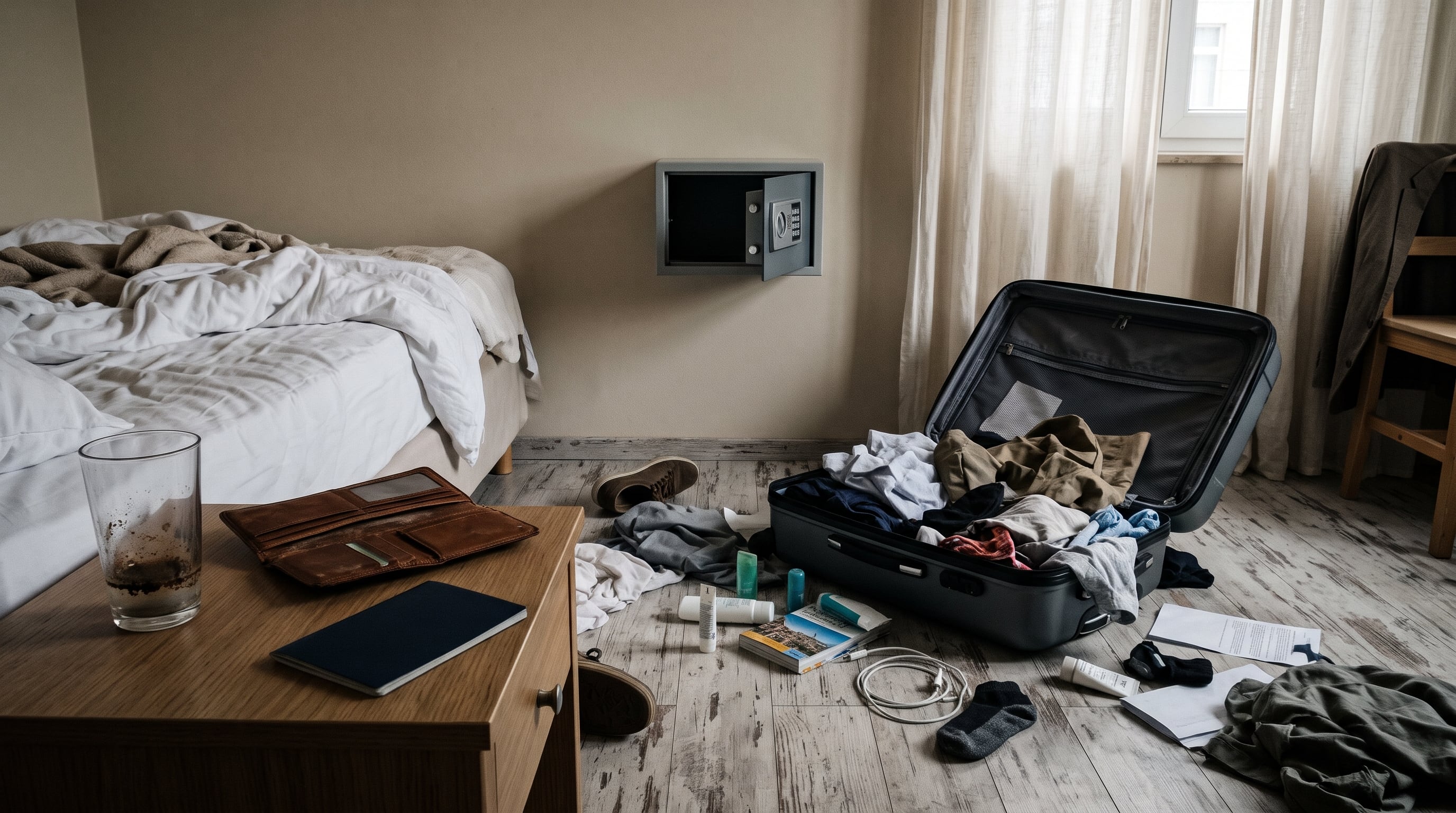 Una maleta abierta con ropa revuelta y una caja de seguridad vacía permanecen en el dormitorio de un apartamento turístico tras un robo. (Imagen Ilustrativa Infobae)