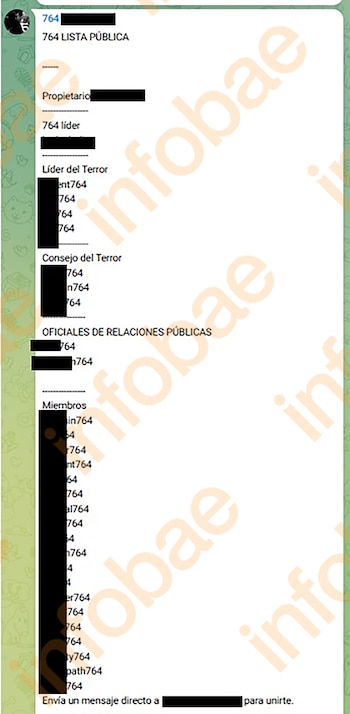 Captura de pantalla de una interfaz de aplicación de mensajería mostrando una "LISTA PÚBLICA" con roles como "Propietario", "Líder del Terror" y "Miembros", con texto redactado