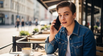 Un joven habla por un teléfono móvil sentado en la terraza de una cafetería, con una taza de café en la mesa y una calle de fondo borroso.