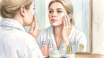 Ilustración en acuarela de una mujer con albornoz blanco aplicándose crema facial frente a un espejo con varios envases cosméticos.