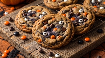 Galletas con chispas de chocolate, confites naranjas y ojos de azúcar sobre una tabla de madera junto a una rejilla metálica.
