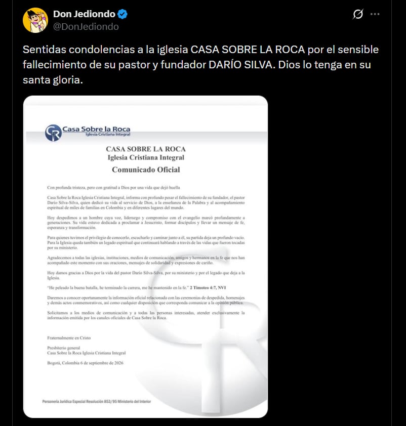 Don Jediondo lamentó la muerte del pastor Darío Silva-Silva y envió sus condolencias a la Iglesia Casa Sobre la Roca - crédito @DonJediondo/X