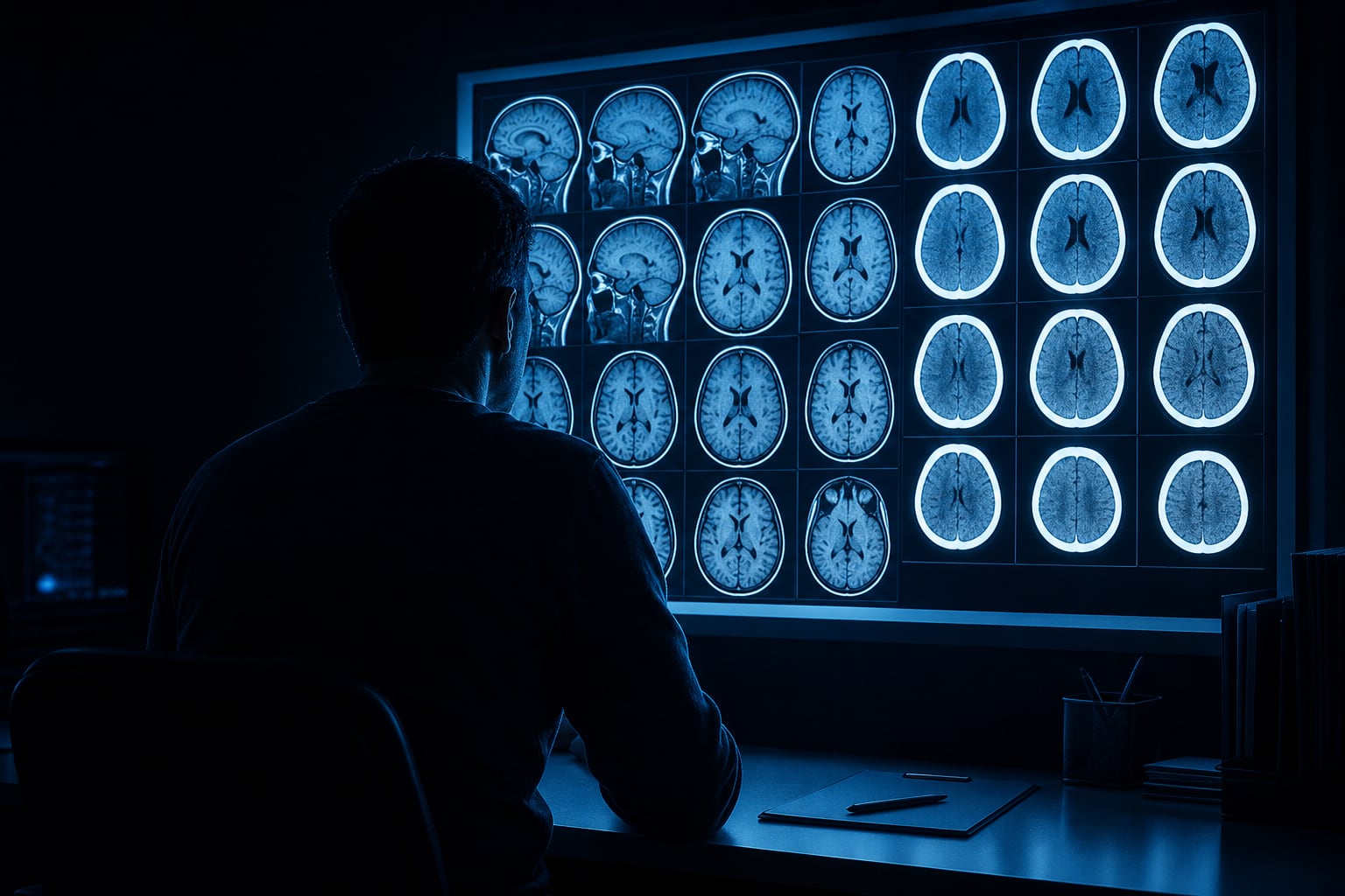 Un paciente contempla resonancias magnéticas cerebrales iluminadas en una pantalla para descartar un accidente cerebrovascular. (Imagen Ilustrativa Infobae)