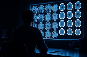 Silueta de una persona sentada de espaldas frente a una pantalla iluminada que muestra múltiples placas de tomografías cerebrales.