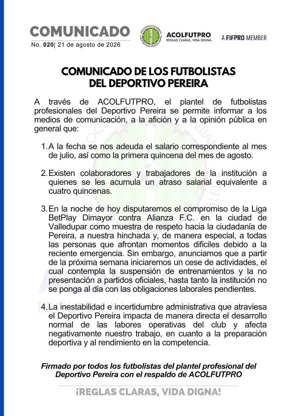 Jugadores del Deportivo Pereira se cansaron de la falta de salarios en la actualidad y entrarán en cese de actividades - crédito Acolfutpro