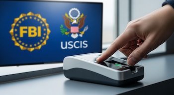 Mano de adulto presionando un escáner de huellas dactilares en una oficina. Detrás, una pantalla muestra los logos desenfocados del FBI y USCIS.