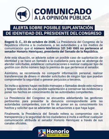 Alerta en Colombia por posible suplantación del senador Honorio Henríquez