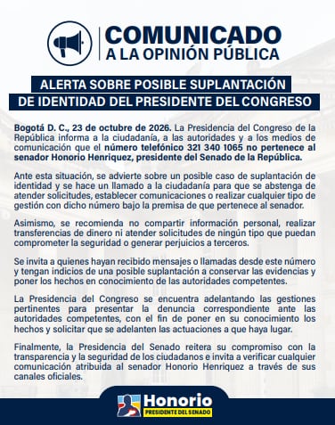 Un comunicado el presidente del Congreso, Honorio Henríquez, advirtió a la ciudadanía sobre la presunta suplantación de identidad de la que estaría siendo objeto - crédito @honohenriquez/X