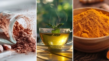 Tres paneles con cacao en polvo junto a un frasco de vidrio, una taza de té verde caliente y un cuenco de madera con cúrcuma en polvo