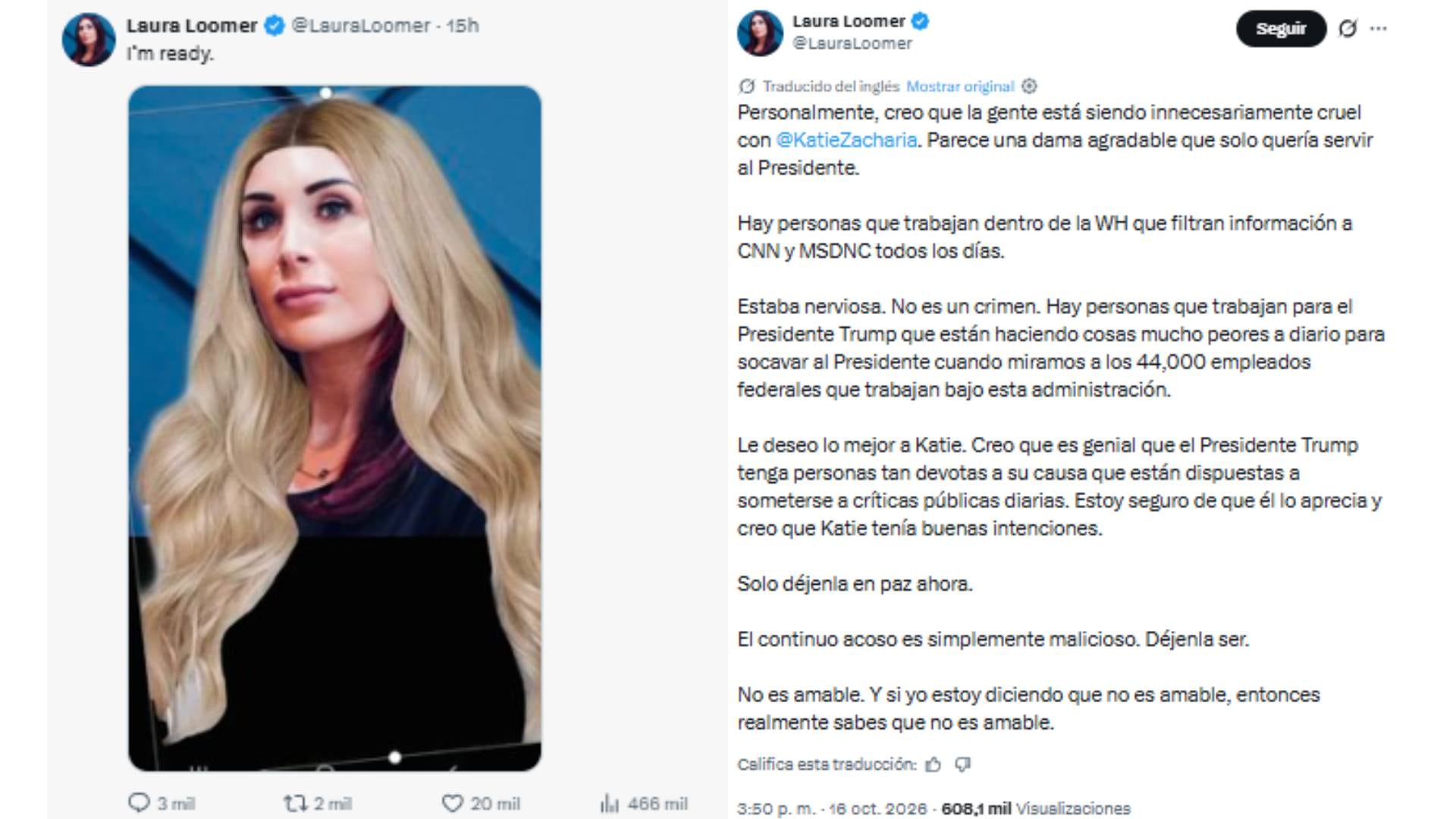 Una publicación de la activista Laura Loomer en la red social X defiende a Katie Zacharia ante las críticas públicas. (@LauraLoomer)
