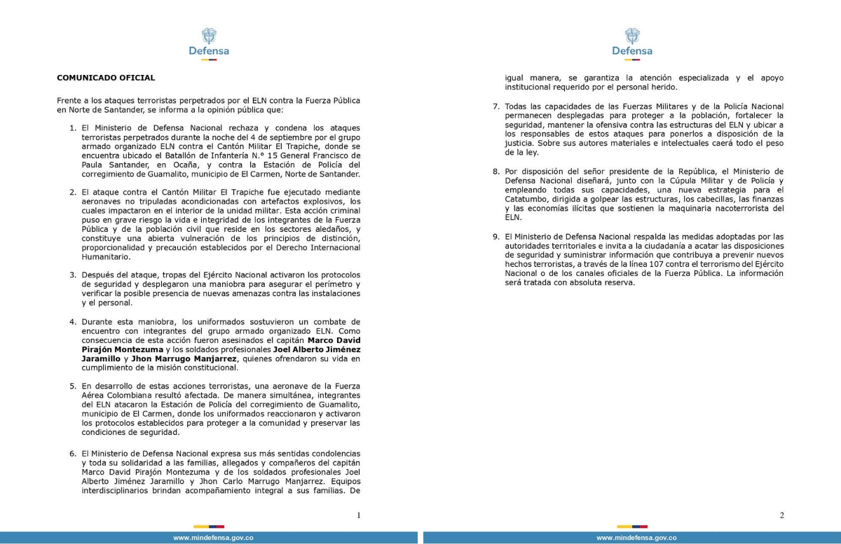 La cartera afirmó que el ataque puso en riesgo la vida de la población civil que reside cerca del batallón. - crédito Ministerio de Defensa