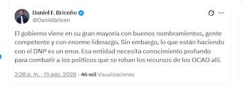 El congresista Daniel F. Briceño criticó el nombramiento que hizo De la Espriella en el DNP - crédito @Danielbricen/X