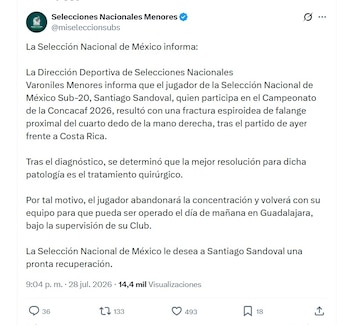 Comunicado sobre la lesión de Santi Sandoval (X/ @miseleccionsubs)