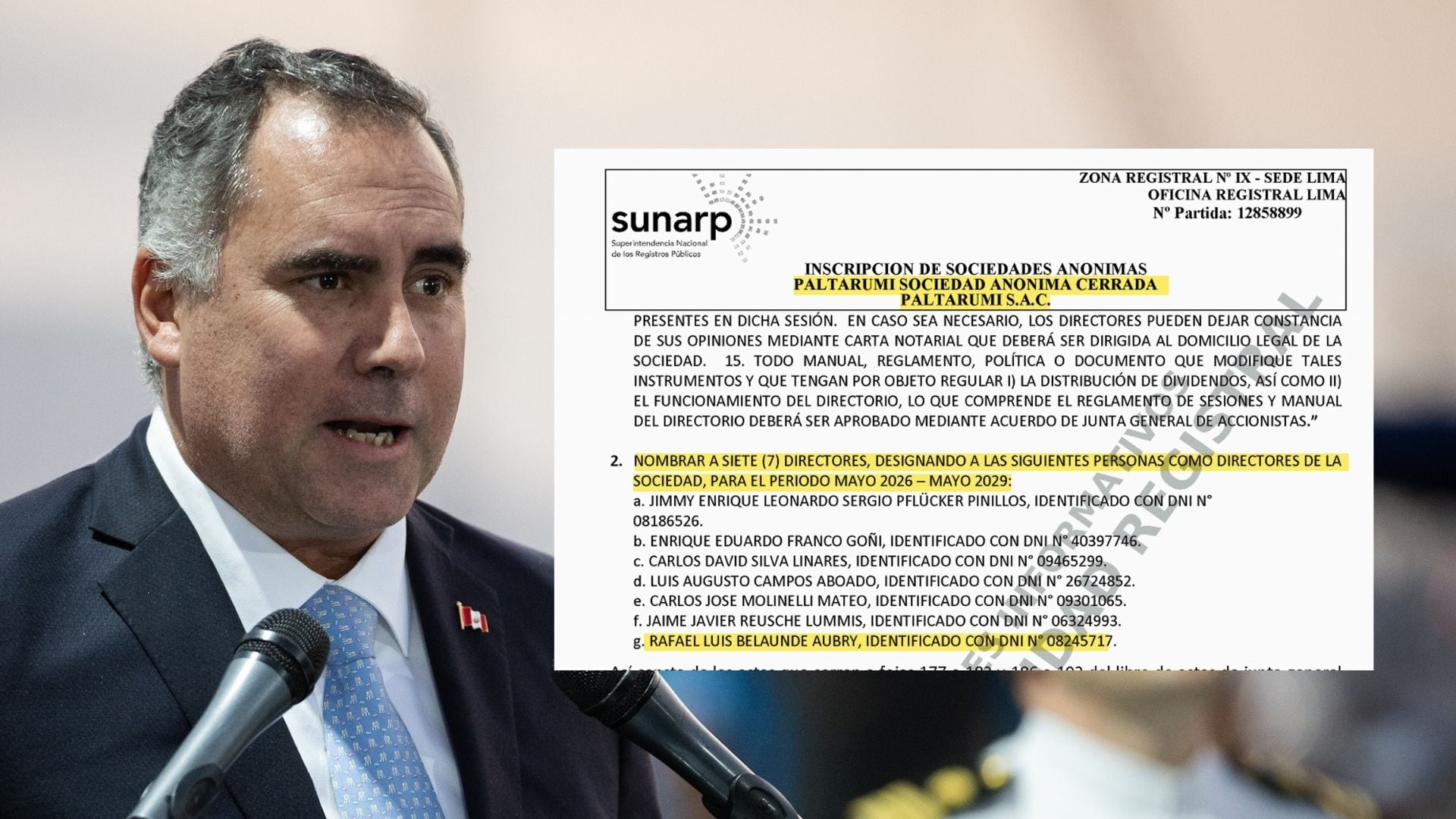 El político peruano Rafael Belaúnde aparece junto a un documento oficial de la Sunarp sobre la junta de directores de la empresa Paltarumi S.A.C.