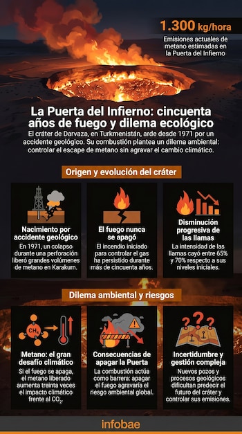 Un gran cráter circular en un desierto oscuro, lleno de llamas naranjas brillantes y humo denso que se eleva hacia el cielo nocturno.