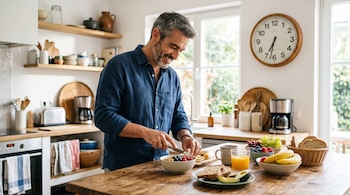 Hombre cortando un plátano sobre la mesa de una cocina con un tazón de cereales, frutas, jugo de naranja y un reloj analógico en la pared.