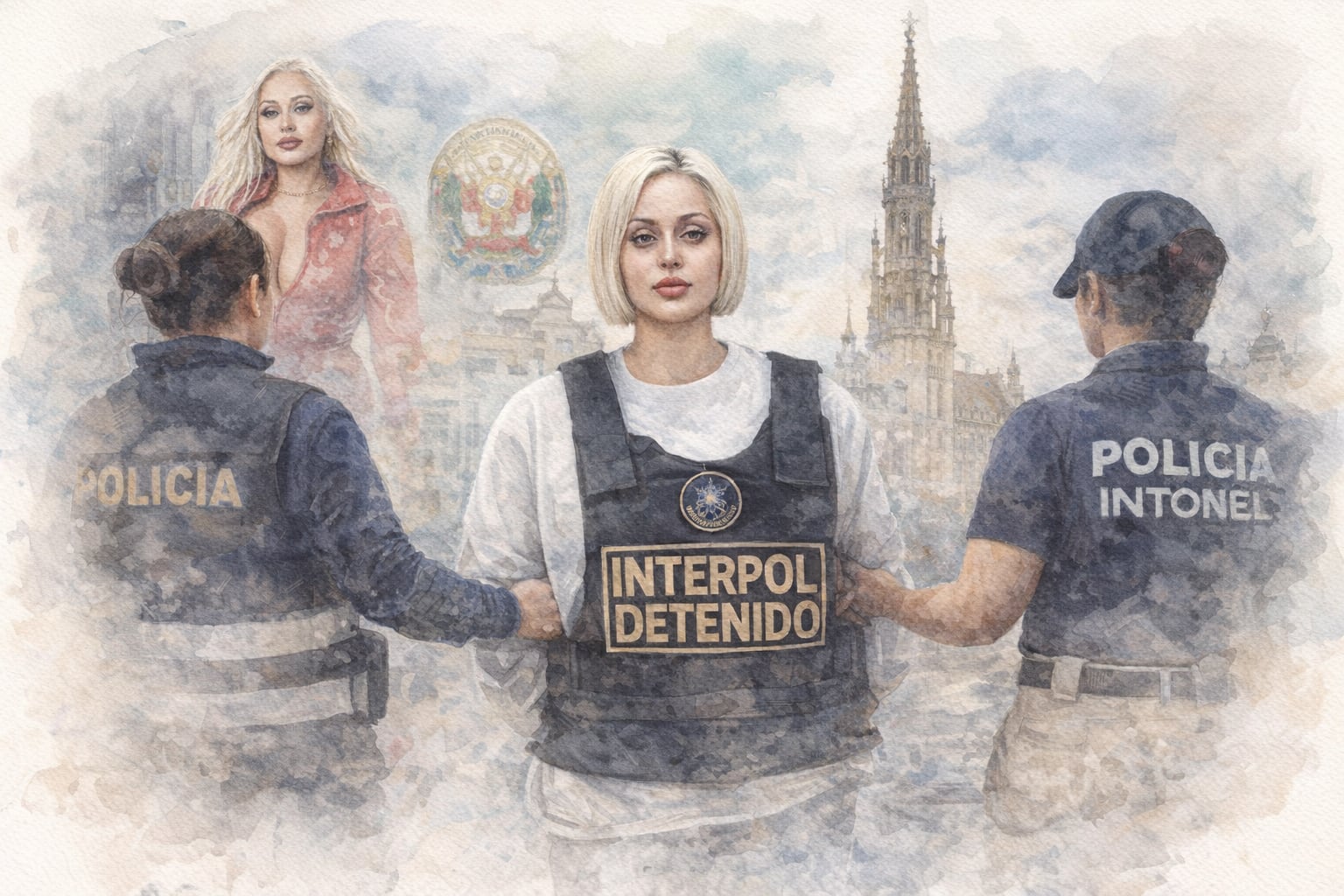 Composición tipo acuarela que representa a Nadeska Widausky, detenida en Perú bajo acusación de integrar una red de trata de personas con ramificaciones en Bélgica, flanqueada por agentes policiales. (Imagen Ilustrativa Infobae)