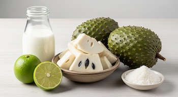 Una botella de leche de coco, limones, pulpa de guanábana con semillas, dos guanábanas enteras y coco rallado sobre una mesa de madera clara.