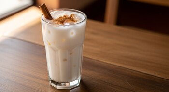 Vaso alto de agua de horchata sin azúcar con hielo y espolvoreado de canela molida, adornado con una rama de canela, sobre una mesa de madera.
