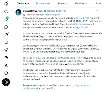 El mensaje de Liquid Network en "X".
