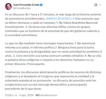 En su mensaje, Cristo destacó dos anuncios del presidente y advirtió por la ausencia de referencias a salud, pobreza y derechos humanos - crédito @CristoBustos/X