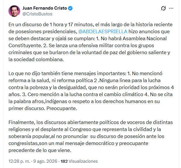 En su mensaje, Cristo destacó dos anuncios del presidente y advirtió por la ausencia de referencias a salud, pobreza y derechos humanos - crédito @CristoBustos/X