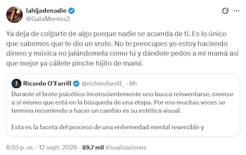 Captura de pantalla de una publicación en X donde la cuenta de Gala Montes responde a un mensaje escrito por Ricardo O'Farrill