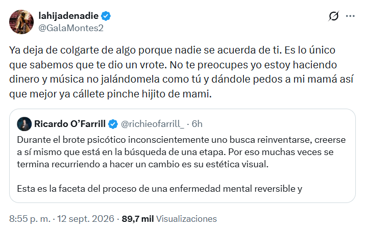 La actriz Gala Montes publica un mensaje en la red social X en respuesta a una reflexión compartida por el comediante Ricardo O'Farrill. (X)