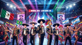 Siete hombres con trajes de mariachi moderno y carnaval latinoamericano actúan en un estadio gigante con luces, pantallas LED y banderas de varios países.