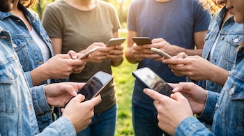 Manos de seis personas sosteniendo teléfonos celulares con pantallas oscuras. Algunas personas visten chaquetas de mezclilla y camisetas de colores lisos al aire libre.
