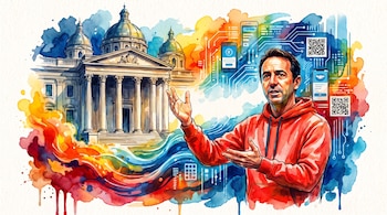 Ilustración de acuarela con un edificio clásico, un hombre de buzo rojo, pantallas de smartphone, códigos QR y un circuito digital