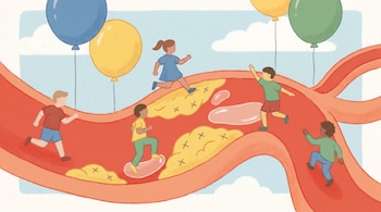 Seis niños corren sobre una arteria roja con placas amarillas de colesterol y áreas claras. Globos de colores y nubes en el fondo.