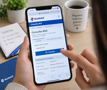 Unas manos sostienen un teléfono celular que muestra el sitio web de la SUNAT con los datos de un RUC sobre una mesa de trabajo