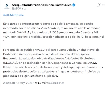 Captura de pantalla de un tuit oficial del Aeropuerto Internacional Benito Juárez CDMX informando sobre una falsa amenaza de bomba en un vuelo