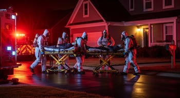 Cinco respondedores en trajes hazmat blancos y máscaras de gas trasladan a dos personas en camillas hacia una ambulancia de noche, con luces de emergencia rojas reflejadas.