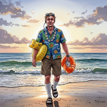 Ilustración de un hombre con camisa hawaiana, shorts, calcetines y sandalias. Camina por la playa con flotadores, gafas y protector solar en el rostro.