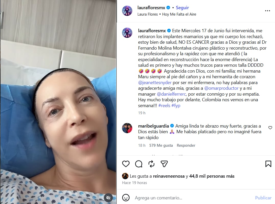 Laura Flores se comunica desde el hospital tras la intervención quirúrgica del 17 de junio para la extracción de sus implantes mamarios, según publicó en Instagram. (Instagram: Laura Flores)