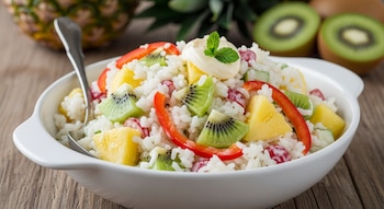 Ensalada tropical de arroz servida en un cuenco blanco. Contiene trozos de piña, kiwi, pimiento rojo y una cucharada de salsa blanca con una hoja de menta.