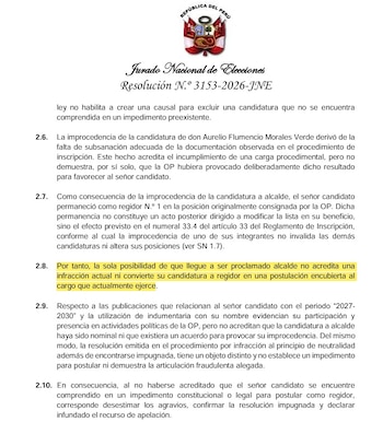 Documento oficial con el escudo de Perú y el encabezado del Jurado Nacional de Elecciones con un fragmento de texto resaltado en amarillo