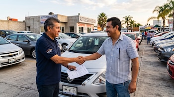 Dos hombres se estrechan la mano frente a un automóvil plateado en un negocio de venta de vehículos.