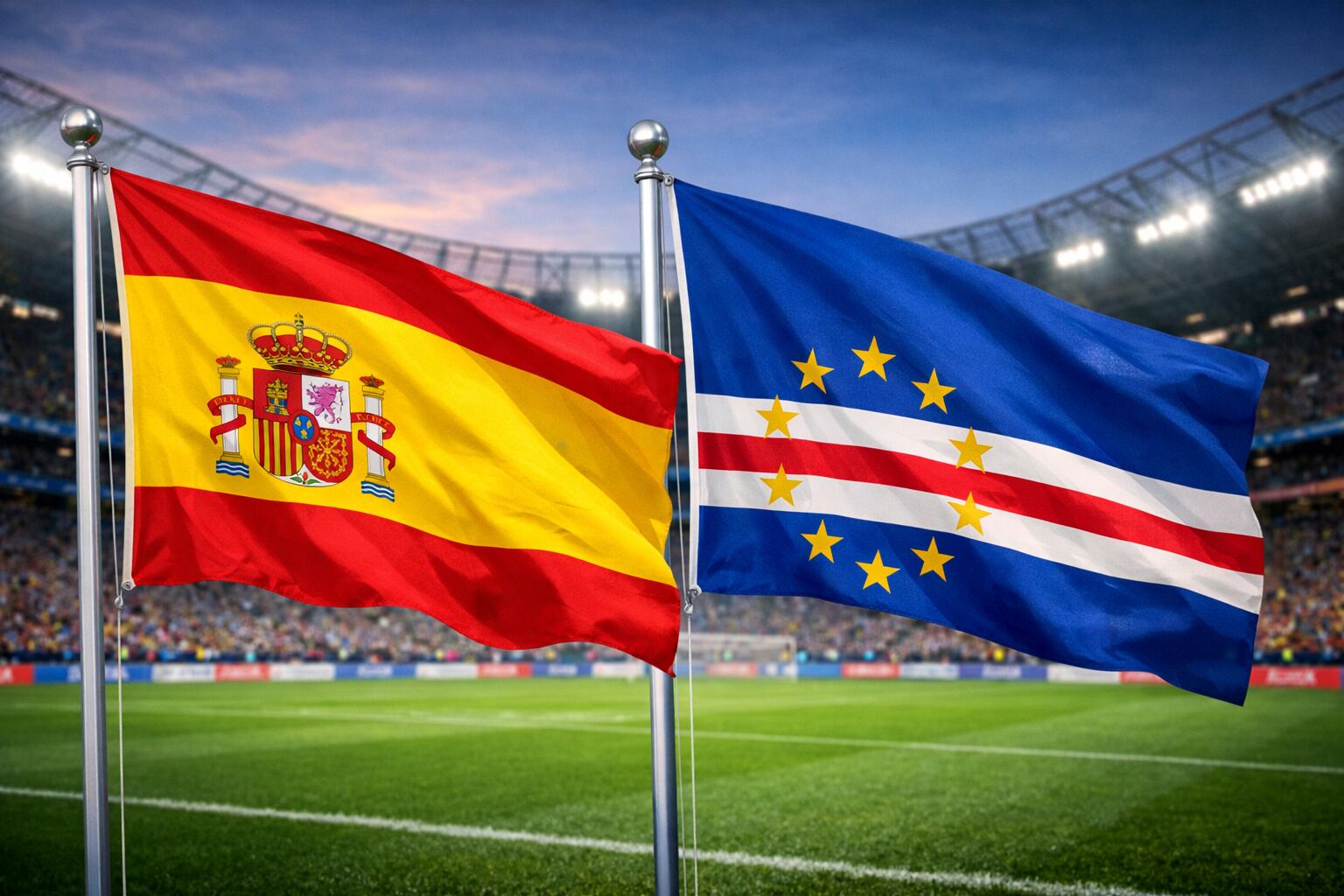 Las banderas de España y Cabo Verde se muestran prominentemente en un estadio de fútbol, simbolizando posible colaboración o competencia deportiva entre las dos naciones. (Imagen Ilustrativa Infobae)