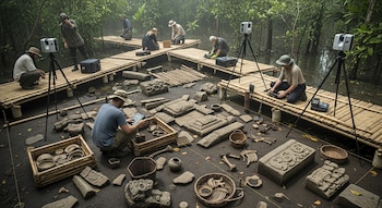 Varios arqueólogos en un humedal tropical trabajan en plataformas de bambú. Se ven escáneres LiDAR, herramientas y artefactos antiguos, como piedras talladas, cerámica y huesos.