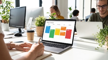 Una persona escribe en un cuaderno con un bolígrafo al lado de una laptop que muestra un calendario semanal digital. Se ven otras personas y pantallas en la oficina.