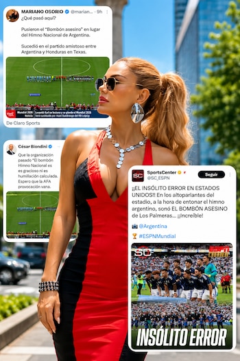 Ninel Conde, mujer con cabello rubio recogido en coleta, gafas de sol, vestido rojo y negro escotado, collar plateado y aretes grandes, posando al aire libre