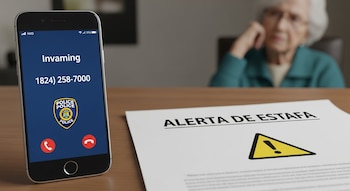 Un teléfono móvil en una mesa recibe una llamada con logo policial y número falso, junto a un documento de 'ALERTA DE ESTAFA' y una persona mayor difuminada al fondo.