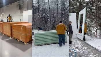Palés empaquetados dentro de un almacén y obreros manipulando e instalando paneles modulares sobre la nieve ante un terreno boscoso